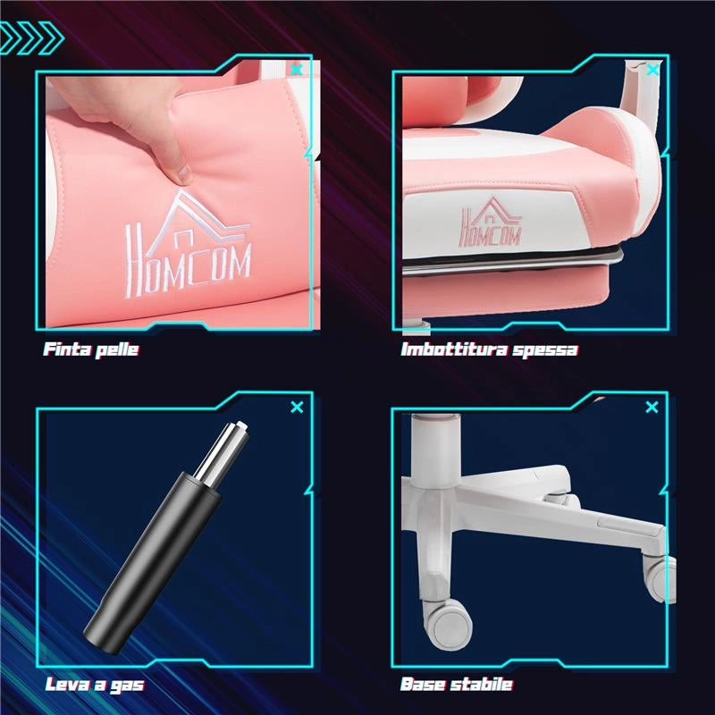 SEDIA DA GAMING ERGONOMICA CON ORECCHIE DA GATTO POGGIAPIEDI SUPPORTO LOMBARE E CERVICALE ROSA