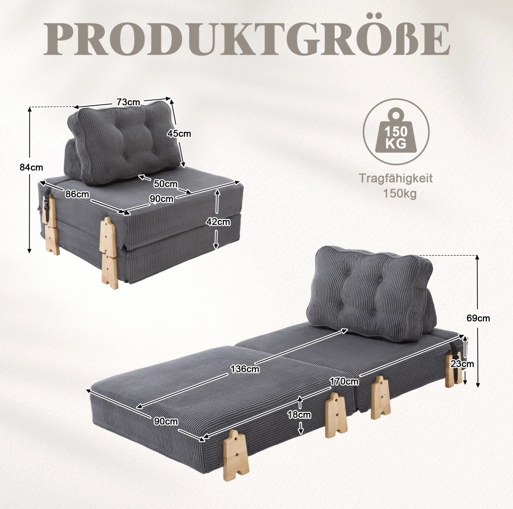 Poltrona letto pieghevole in corduroy grigio scuro; design nordico; 90x86x84 cm; con struttura in legno