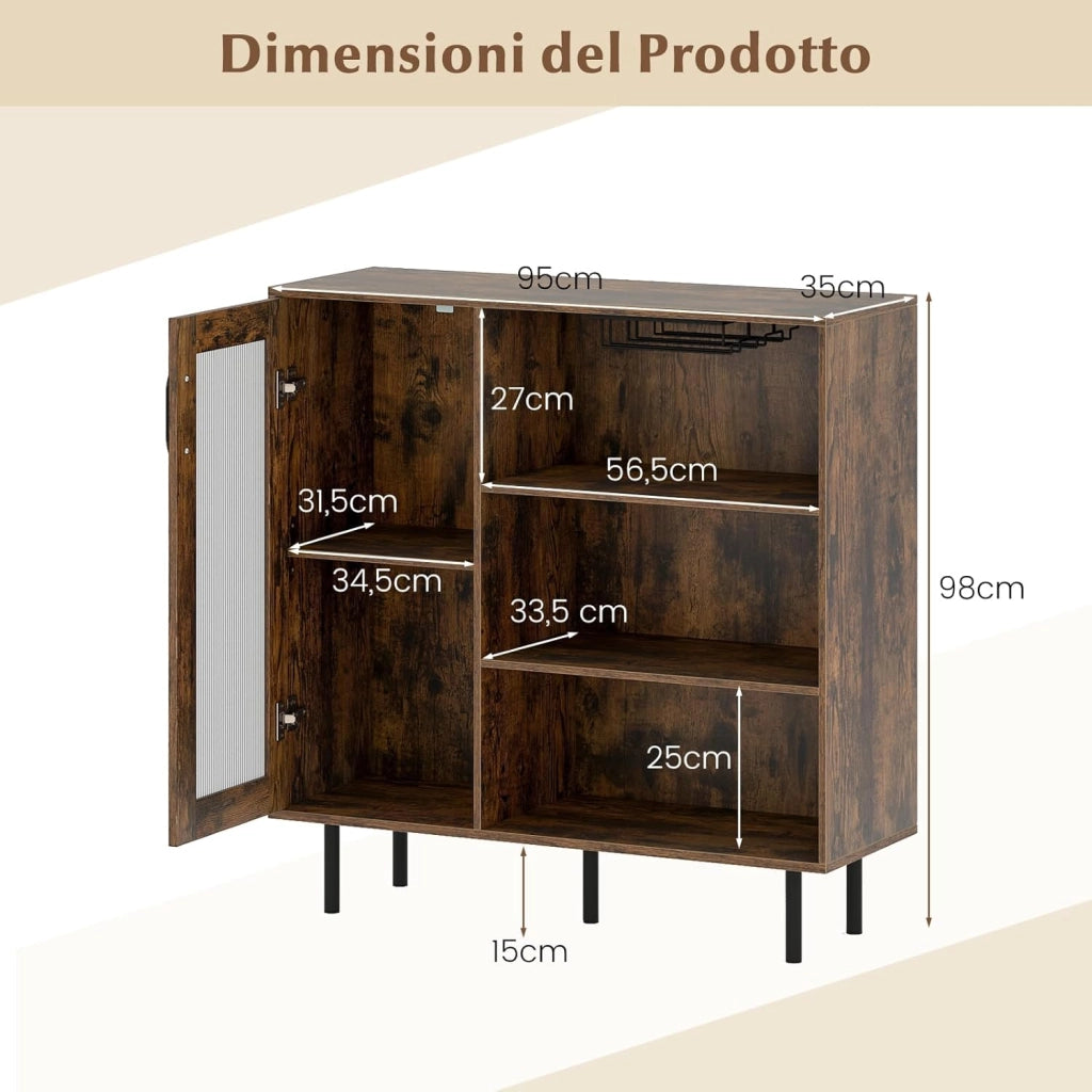 Credenza da Cucina, Armadietto Salvaspazio in Legno con Porta, Ripiano Regolabile e Portabicchieri da Vino, Mobile a Buffet per Soggiorno, Sala da Pranzo e Ingresso, 95 x 35 x 98 cm