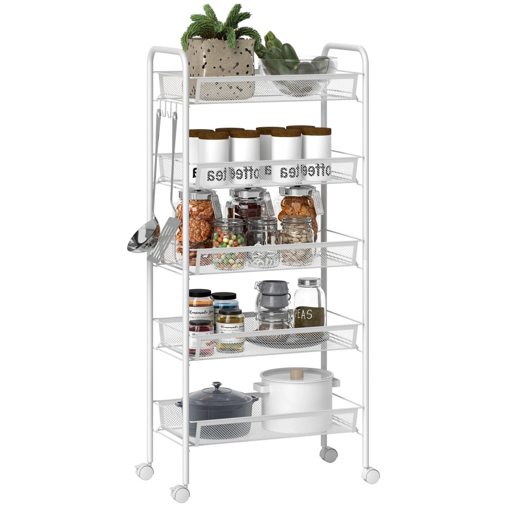 Carrello multiuso a 5 ripiani ¨C Xylo ¨C con cestelli rimovibili e 4 ganci, bianco, 45x26.5x106cm