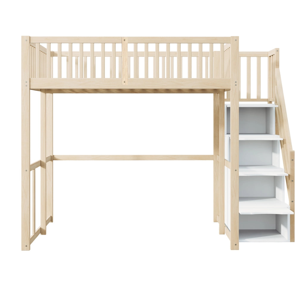 Letto a soppalco in pino massello con scala contenitore di sicurezza e recinzione; colore legno; 140x200 cm; senza materasso