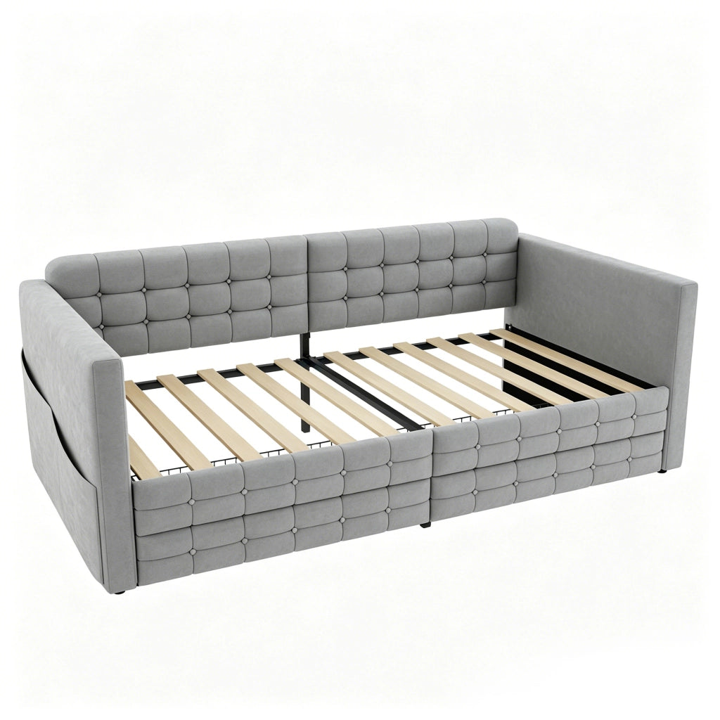 Letto con cassetti 90×190 cm; letto singolo con 2 cassetti; tasche laterali e senza materasso; in velluto grigio chiaro