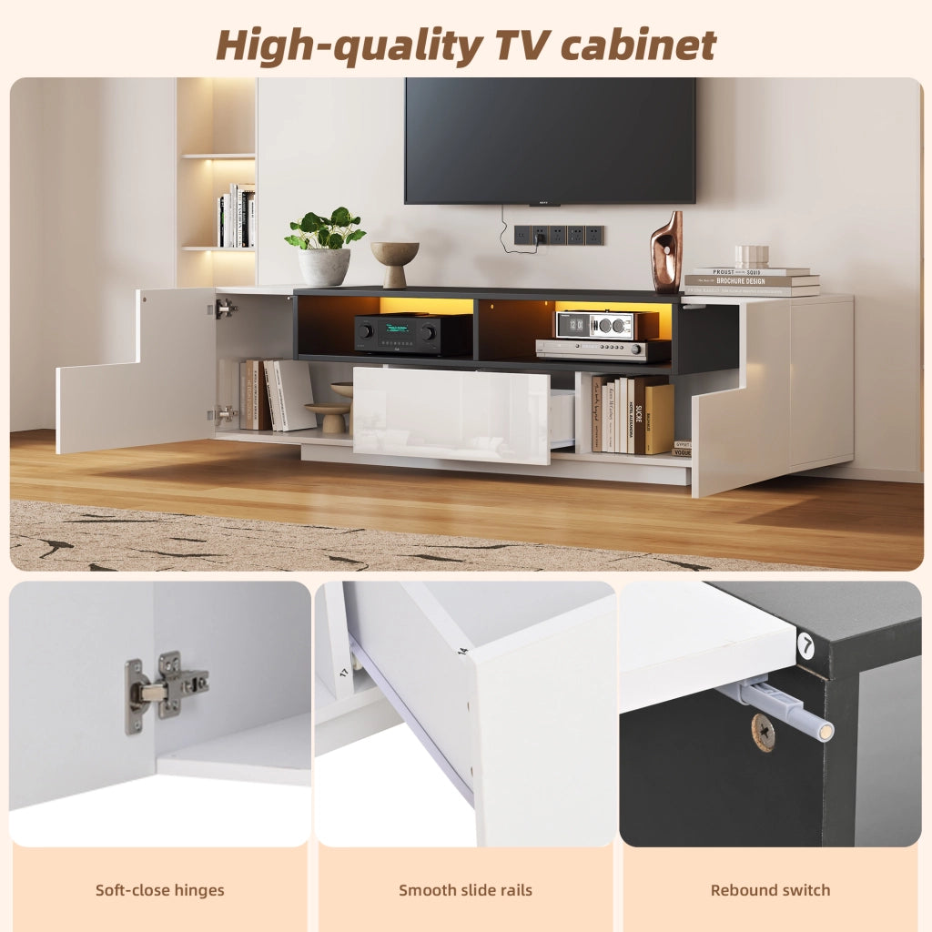 Mobile TV con 2 vani a L; 1 cassetto e LED per soggiorno; in truciolare; bianco; 180×40×48 cm