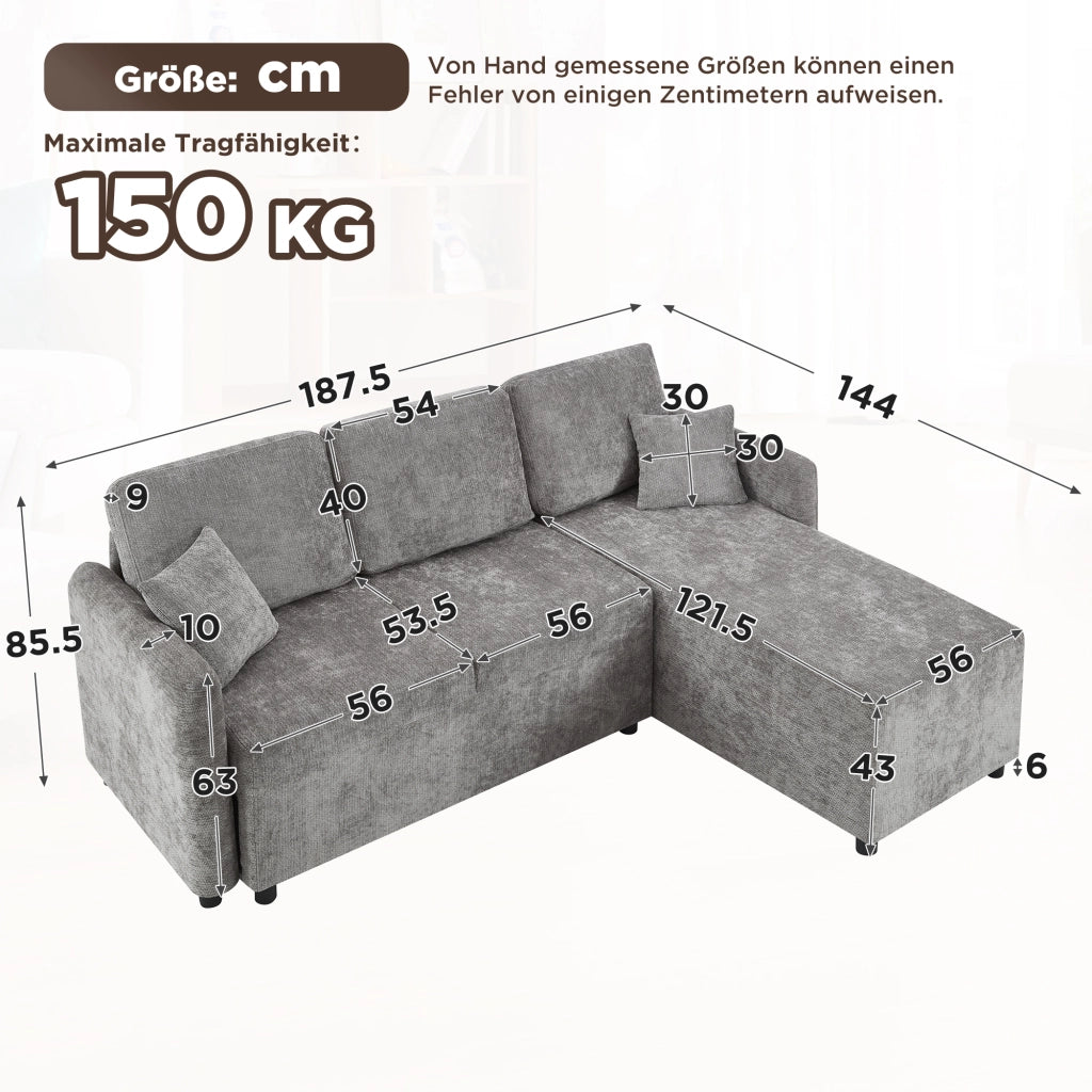 Divano angolare 3 posti - con area relax e 2 cuscini - in chenille grigio