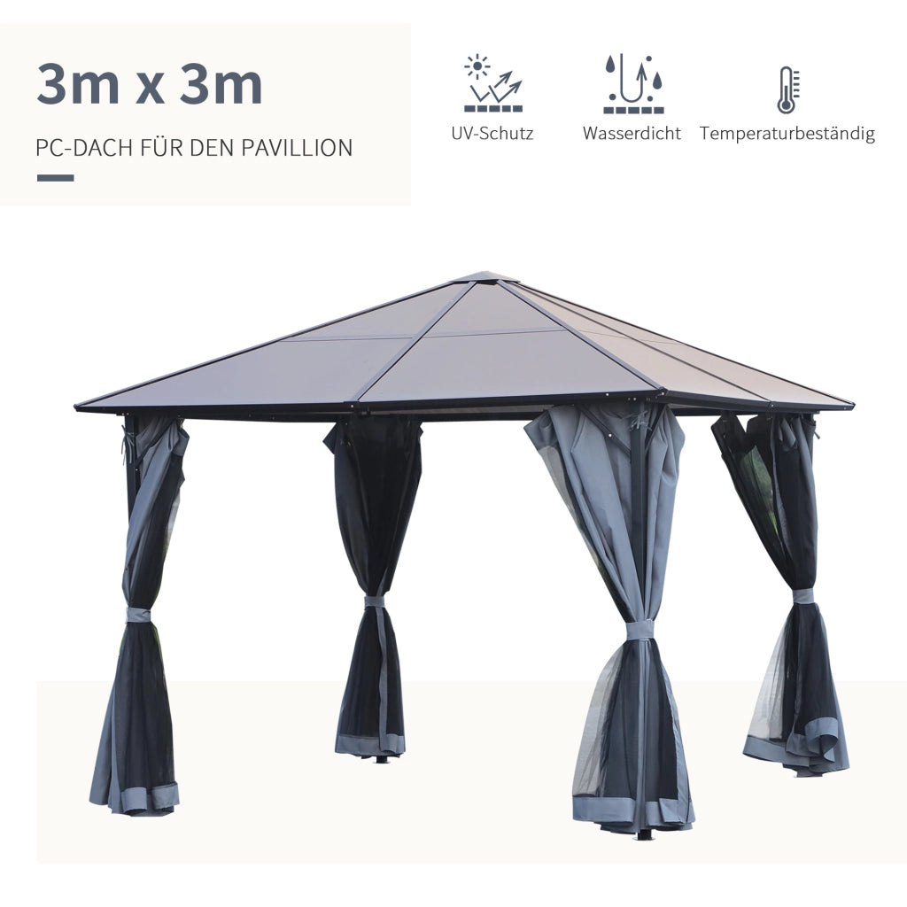 Gazebo con tetto in policarbonato e tende con zanzariera ¨C Zephmum ¨C Grigio scuro 300x300 cm
