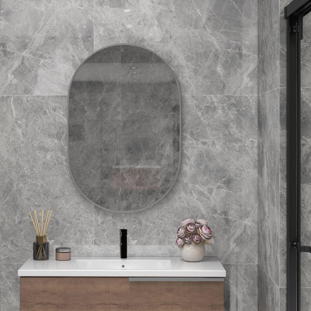 Specchio Bagno Ovale da Parete con Cornice in Alluminio, Verticale o Orizzontale, 60x90 cm, Argento