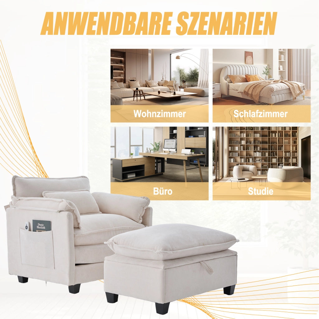 Poltrona con Pouf Ampia con Vano Contenitore, Tasca Laterale e Cuscino, in Ciniglia Beige