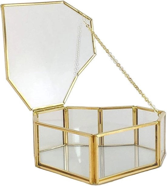 Cassetta per gioielli in vetro con forma a cuore e disegno geometrico, con coperchio a scorrimento e vetrina multifunzionale.