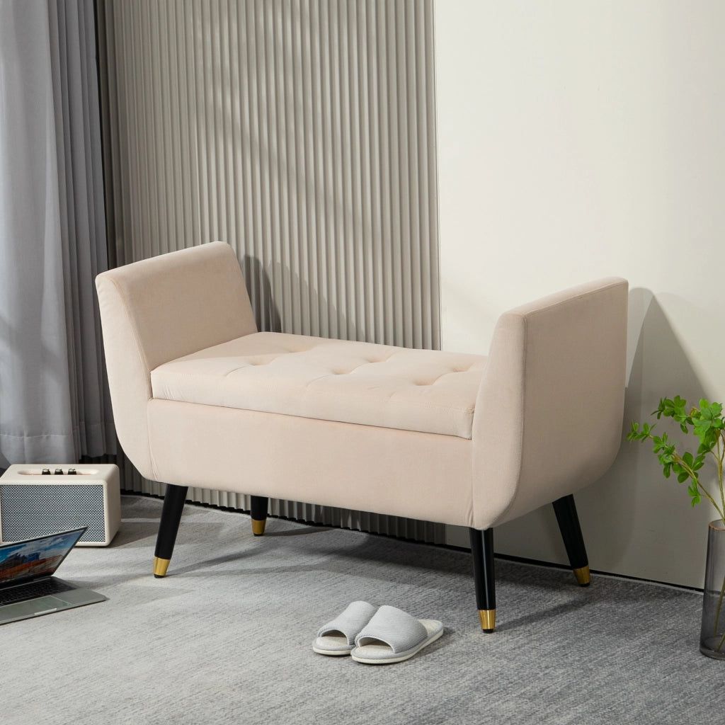 Panca imbottita con contenitore e braccioli ¨C Xylo ¨C velluto beige 107x42x65 cm