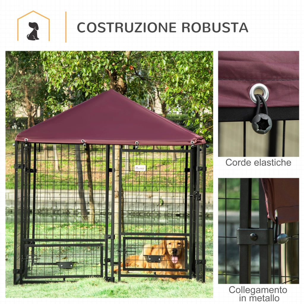 Recinto per Cani da Esterno ¨C Zephmum ¨C Nero e Rosso in Acciaio con Copertura