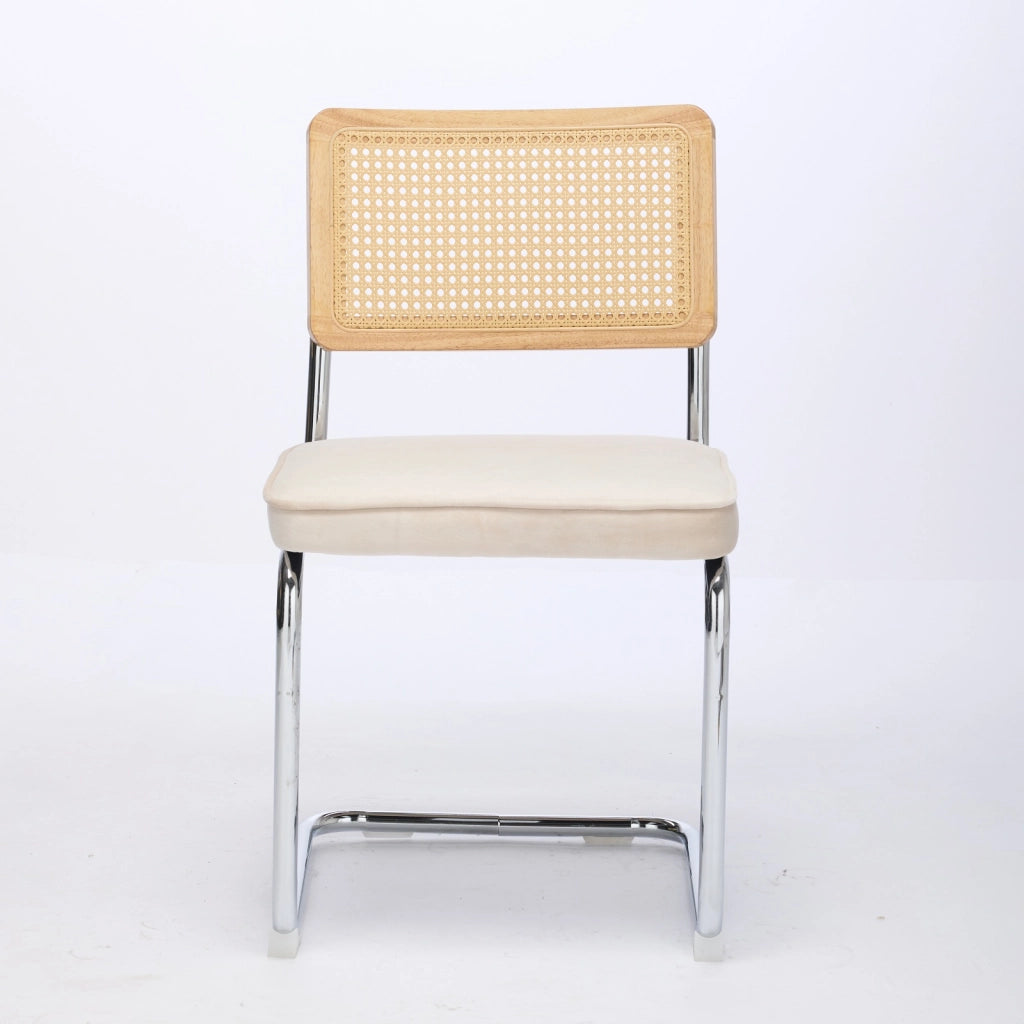 Set di 2 sedie da pranzo in stile Mid-Century Modern, sedie con rivestimento in velluto, schienale in canna naturale e base in acciaio inox cromato, f