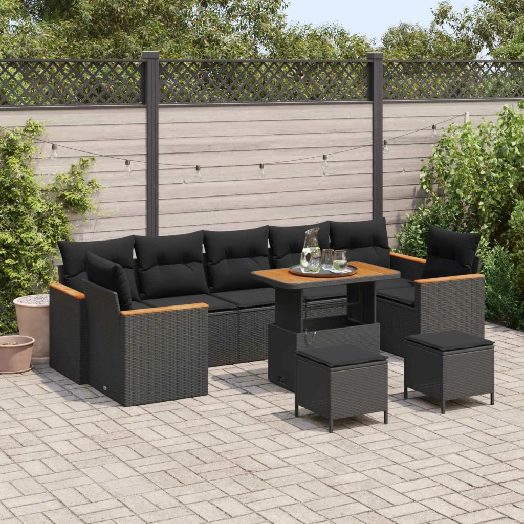 Set Divano da Giardino con cuscino 10 pcs Nero Poly Rattan