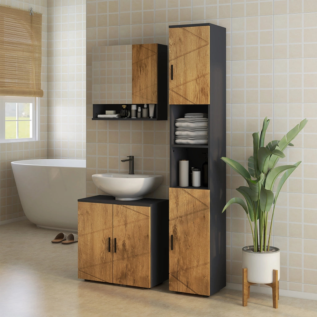 Mobile sottolavabo bagno ¨C Xylo ¨C 2 ante con ripiano, 60x30x60 cm, grigio antracite effetto legno