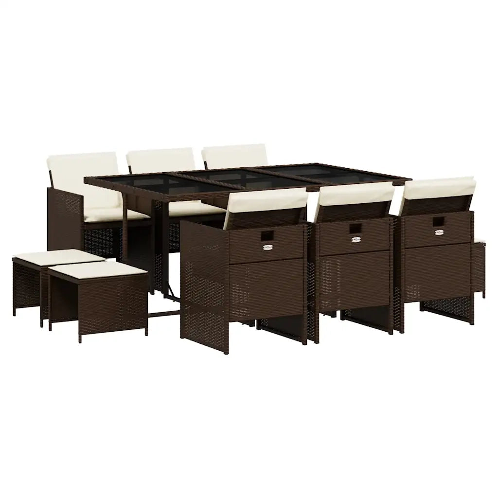 Set da Pranzo da Giardino 11 pz con Cuscini Polyrattan Marrone