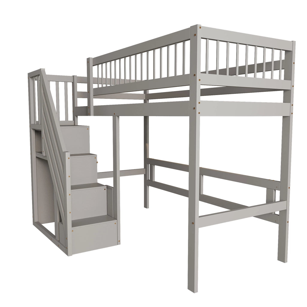 Letto a soppalco in legno massello con scala contenitore e recinzione alta; grigio; 90x200 cm; senza materasso