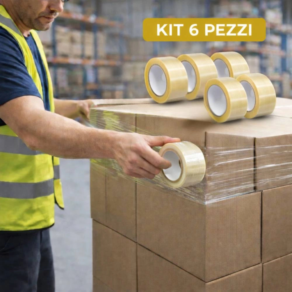 Kit nastro adesivo silenzioso trasparente per imballaggio 50mm x 66mt