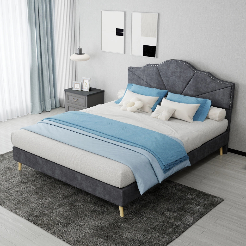 DESMIU Letto 140 × 200 cm 2 posti con testiera geometrica, senza materasso, in tessuto e metallo, grigio
