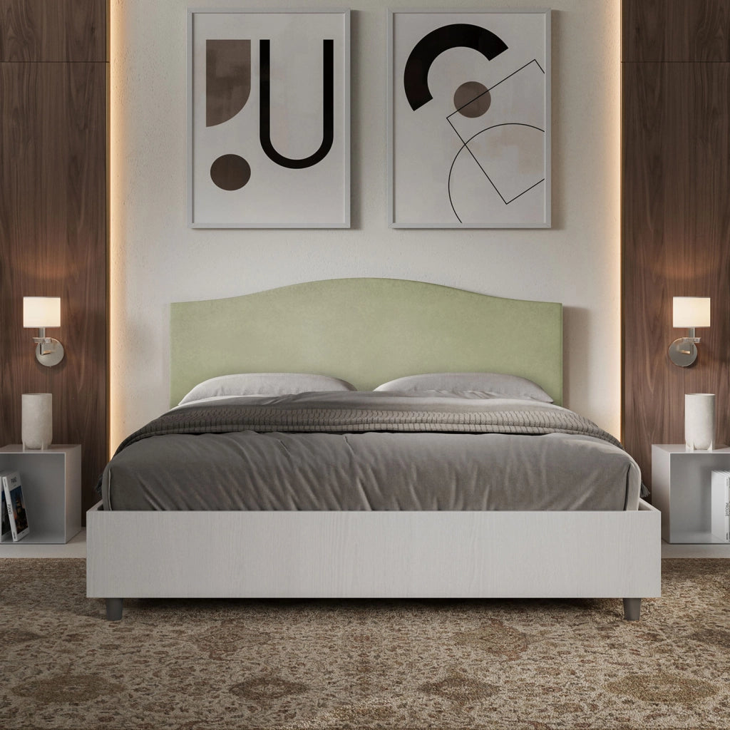 BS COM Letto matrimoniale contenitore doppia alzata 160x200 bianco frassino testata microfibra tè verde