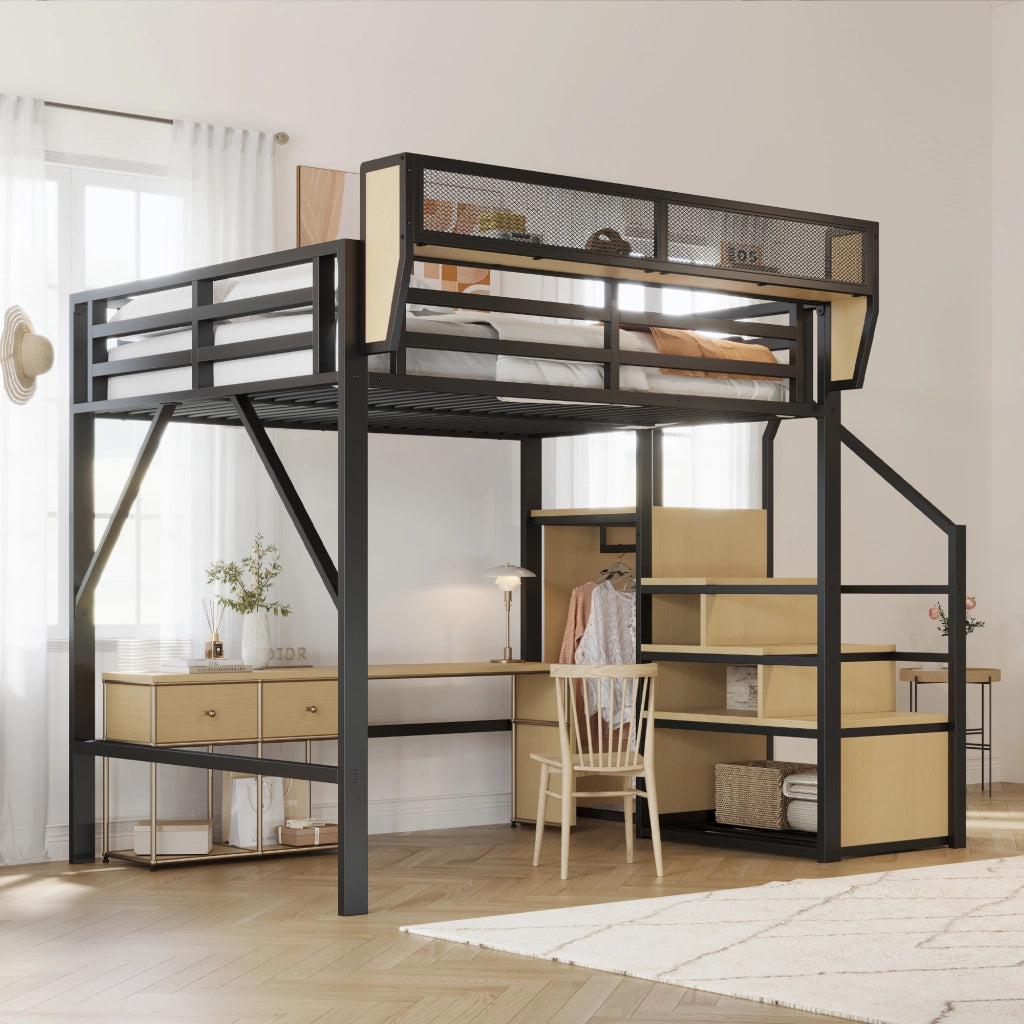 LETTO a soppalco 140x200 cm in metallo nero con scala di sicurezza e ripiano