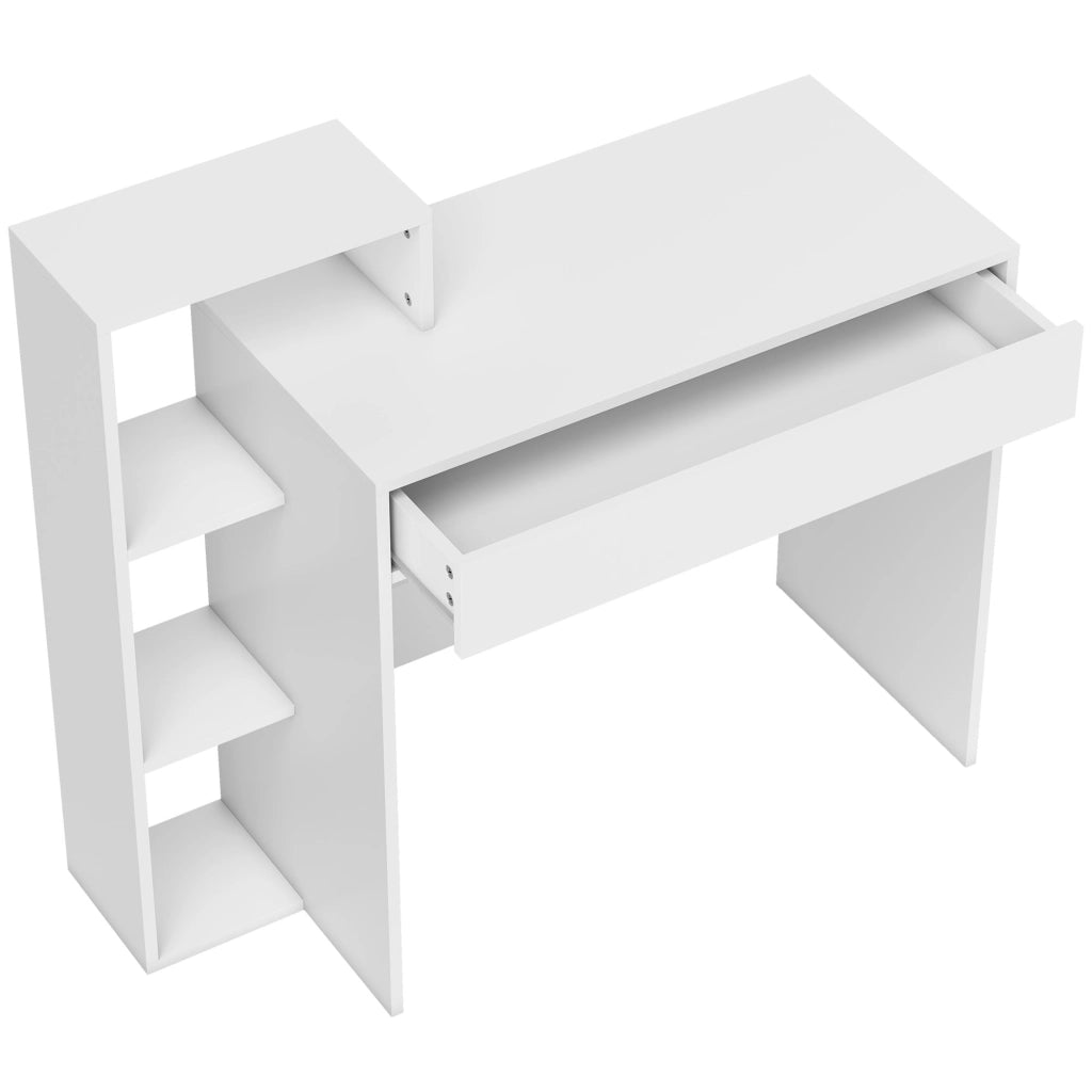 Scrivania Moderna 100x40x90 cm con Ripiani e Cassetto in Legno Bianco