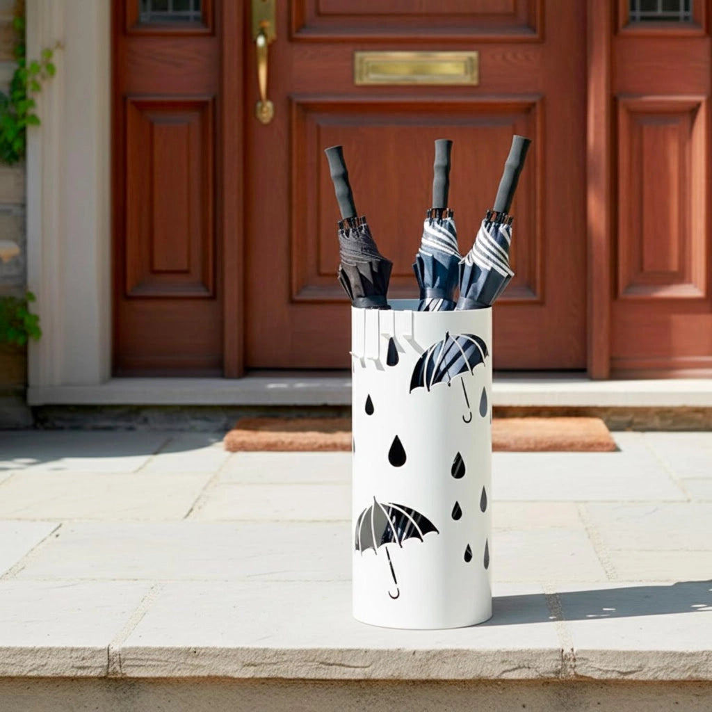 Portaombrelli Rotondo In Acciaio Zincato Dotato Di Vaschetta Scolapioggia E 4 Ganci Removibili Base Antiscivolo Design Moderno Per Ingresso Casa E Ufficio 41 X 17 Cm Bianco