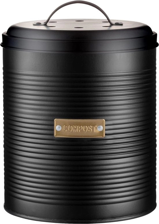 Contenitore per compostaggio a chiusura ermetica 2,5 L | Stadio di acciaio nero verniciato con coperchio | Filtro attivo a carbone attivabile | 17,5 cm | per rifiuti organici da cucina compostabili