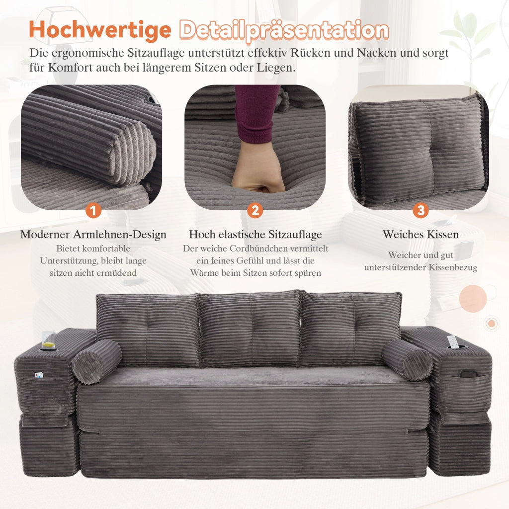 Divano Letto 3 Posti con Cuscini e Portabicchieri ¨C MINIMAL ¨C Tessuto a Coste