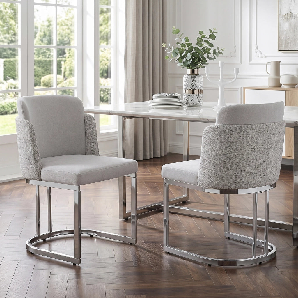 Sedia da Pranzo Set da 2 con Schienale Doppio e Gambe in Metallo Galvanizzato, in Ciniglia Grigio + Argento