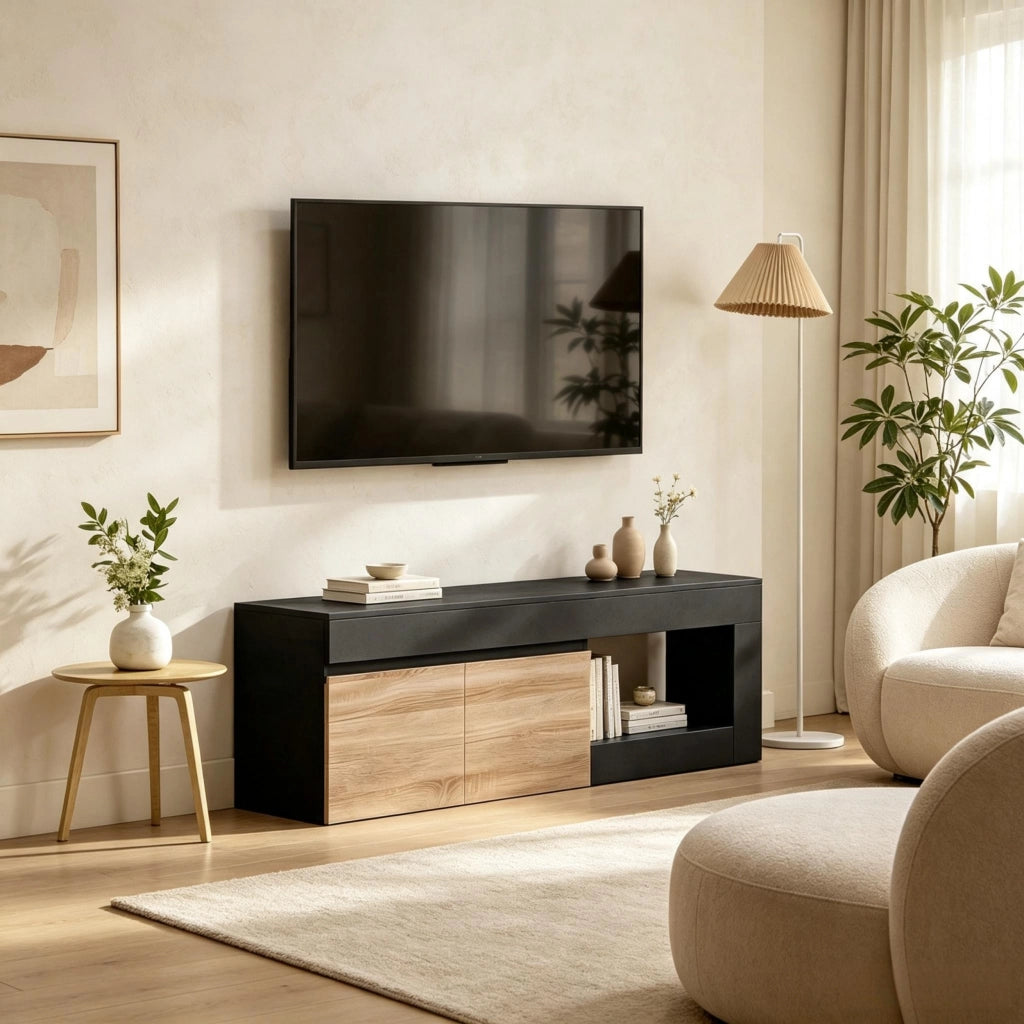 Mobile porta TV con 2 ante, adatto a televisori fino a 60 pollici, vano contenitore e ripiano a giorno (solo mobile porta TV)