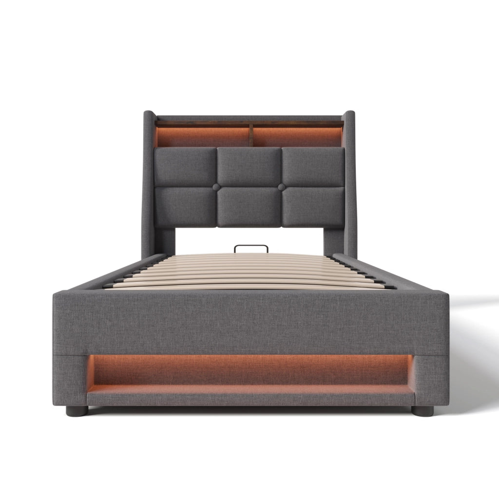 OKWISH Letto Singolo 90×200 cm con Contenitore, USB, LED Regolabile e Mensola, senza Materasso, in Lino, Grigio