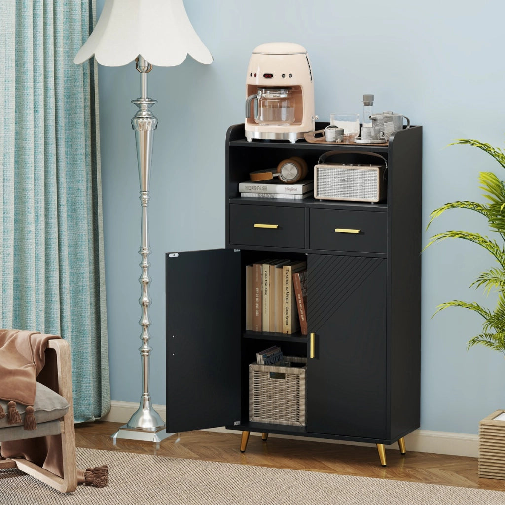 Mobile dispensa 113 cm con ante 2 cassetti e ripiano regolabile per bagno, Armadio da cucina sala da pranzo soggiorno Nero