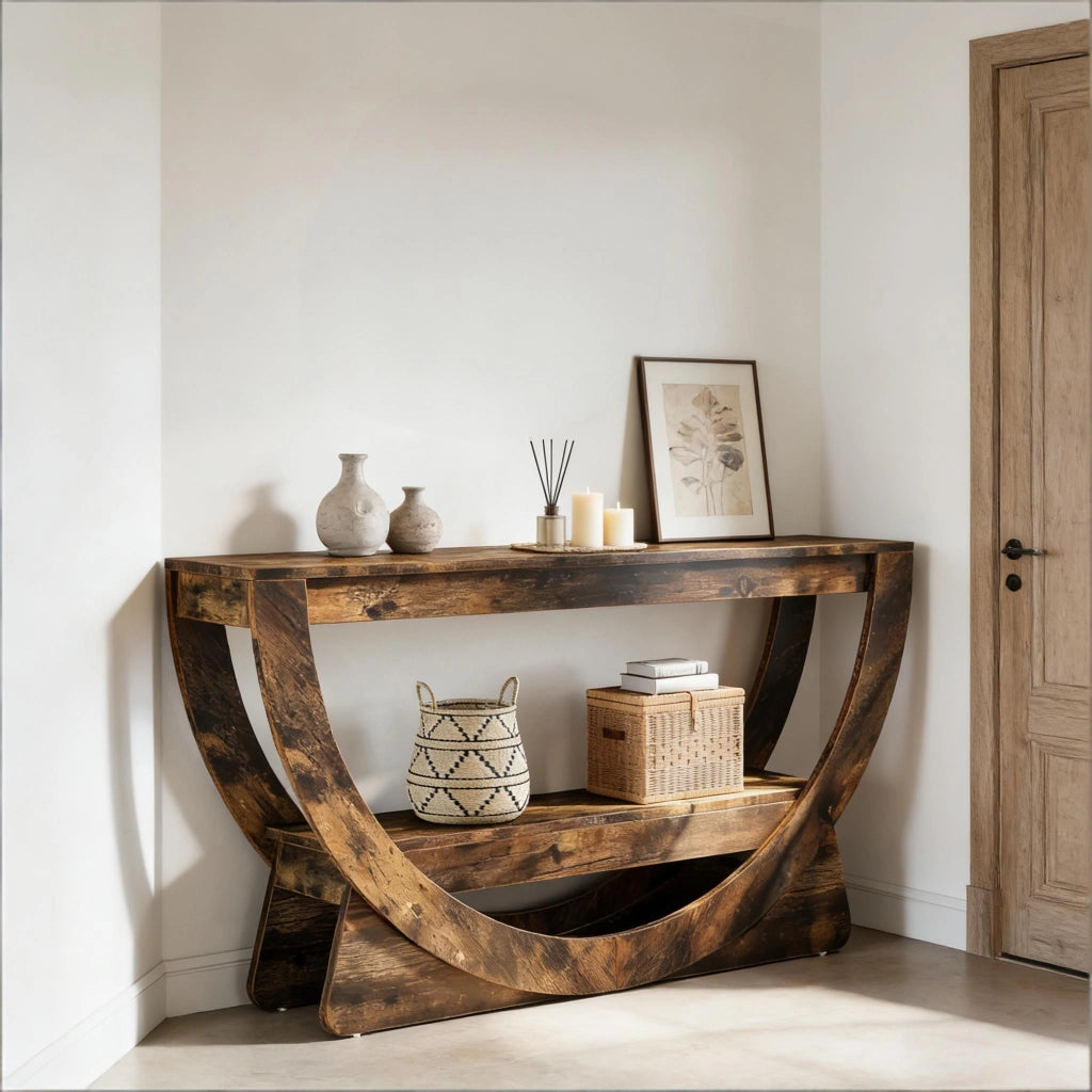 Mobile porta TV con 2 ripiani aperti e schienale curvo, per soggiorno, in MDF, marrone rustico, 160 × 30 × 80,5 cm