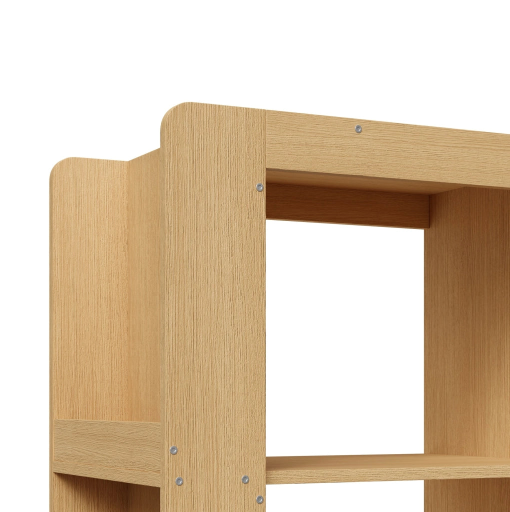 Libreria stretta alta 200 cm con 3 ripiani aperti e 3 cassetti; rovere