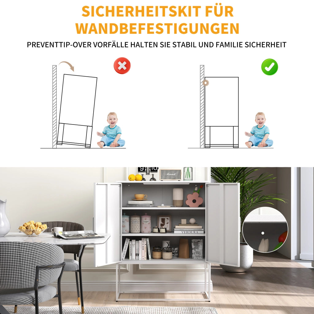 Credenza/mobile contenitore in metallo con 2 ripiani, mobile in acciaio autoportante, ante magnetiche, dispositivo antiribaltamento, adatto per soggio