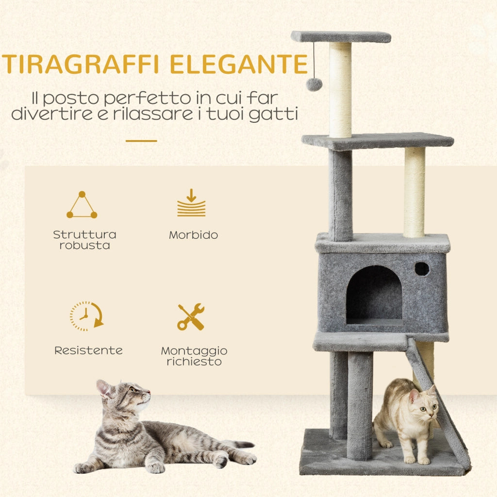 Albero Tiragraffi Multilivello con Casetta 48x48x125 cm Rivestimento in Peluche e Sisal Grigio