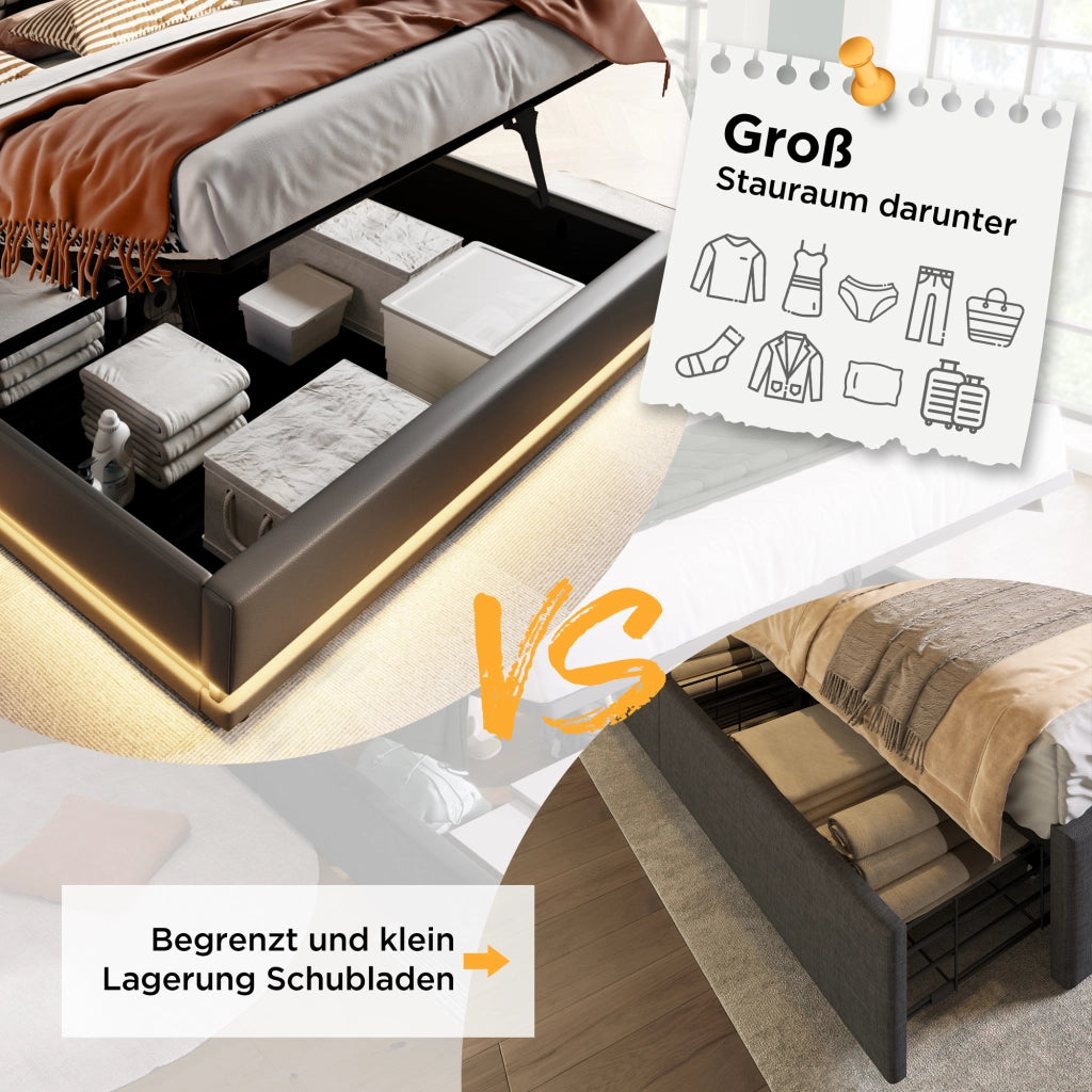 LETTO contenitore 160x200 cm in PU nero con USB Type-C e LED