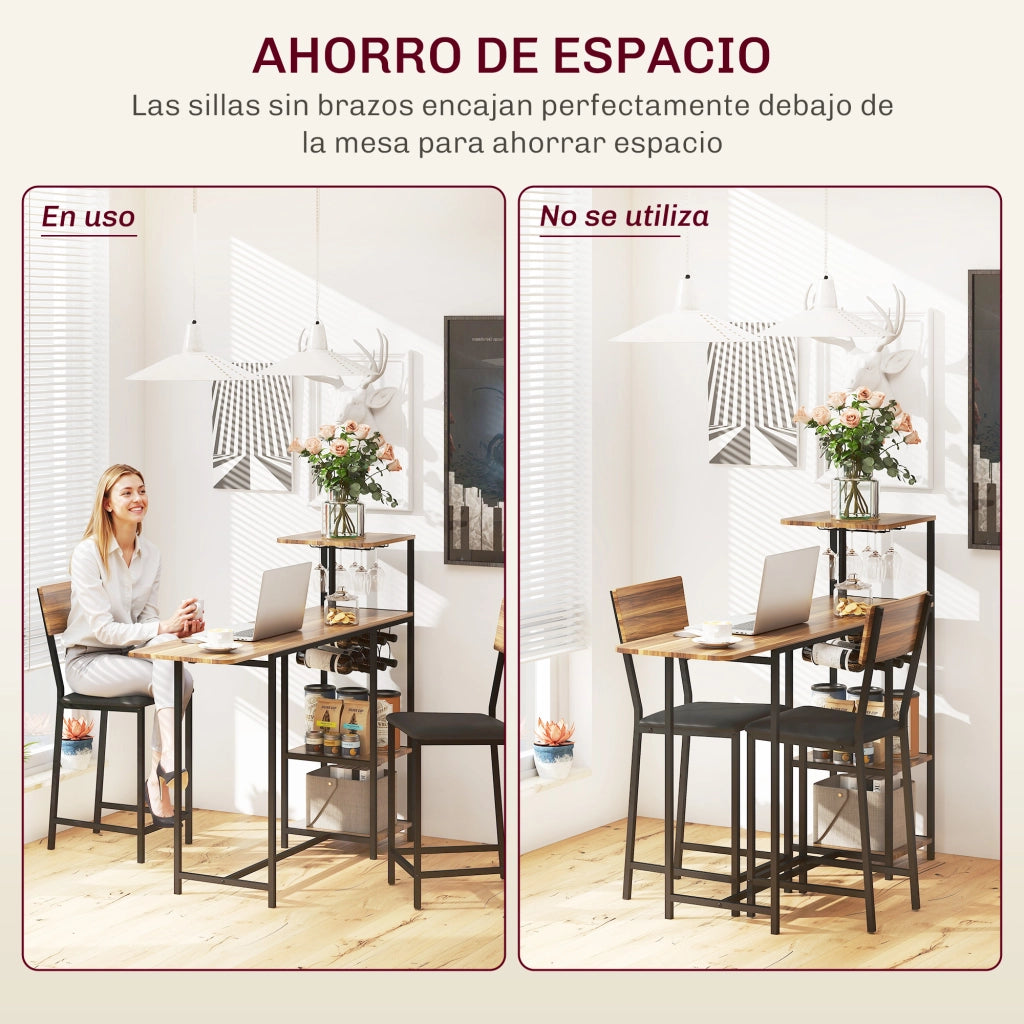 Set Tavolo da Pranzo Pieghevole con Portabottiglie e 2 Sgabelli ¨C Xylo ¨C Metallo Nero Legno Marrone