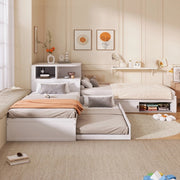 Letto singolo con letto estraibile 90x200 cm LEMONMAX, contenitore con ante scorrevoli e LED, salvaspazio per cameretta, pino e MDF, bianco
