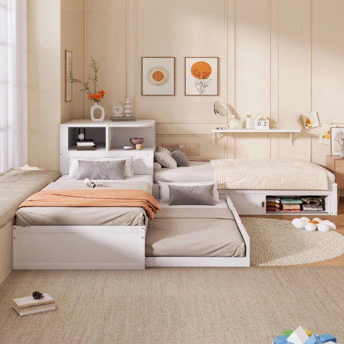 Letto singolo con letto estraibile 90x200 cm LEMONMAX, contenitore con ante scorrevoli e LED, salvaspazio per cameretta, pino e MDF, bianco