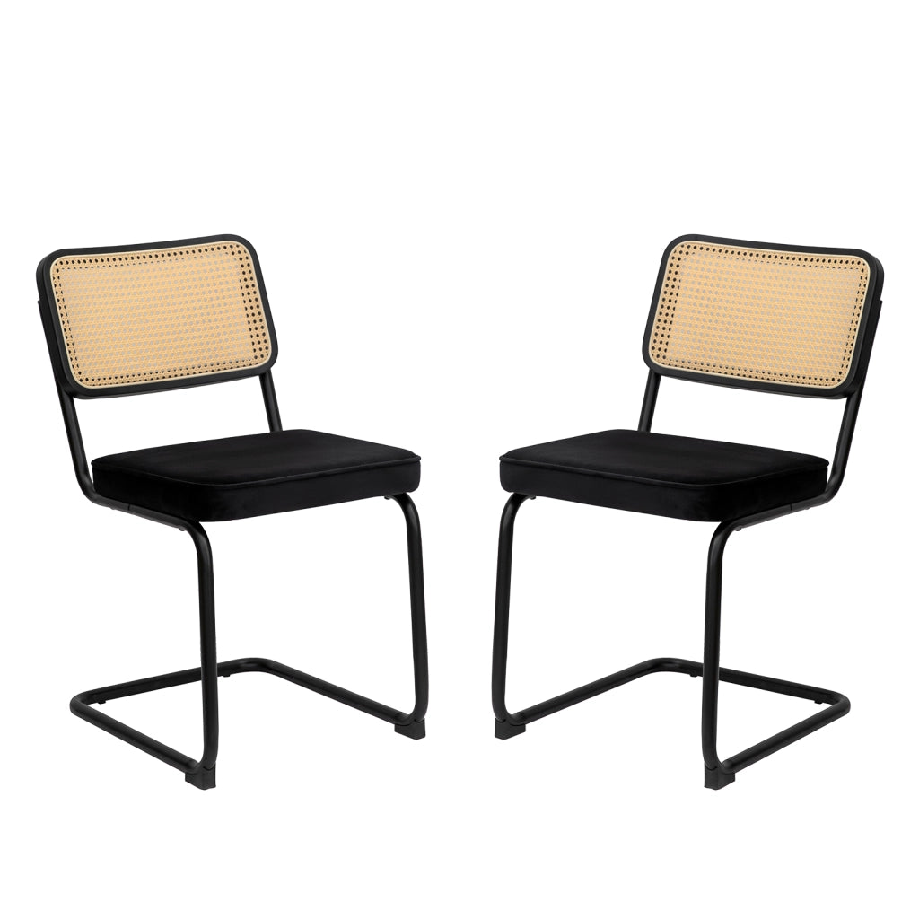 Sedia da pranzo set da 2 - Sedia in velluto e rattan con gambe cromate – Design Mid-Century Modern ispirato a Breuer – Sedia imbottita ideale per soggiorno, cucina e altri ambienti