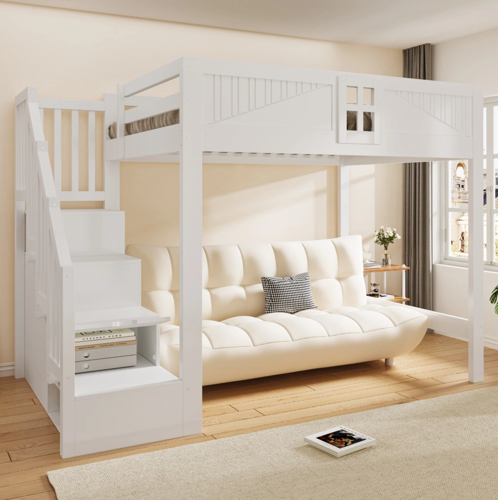 Letto a soppalco 140x200 cm in legno con scala contenitore reversibile