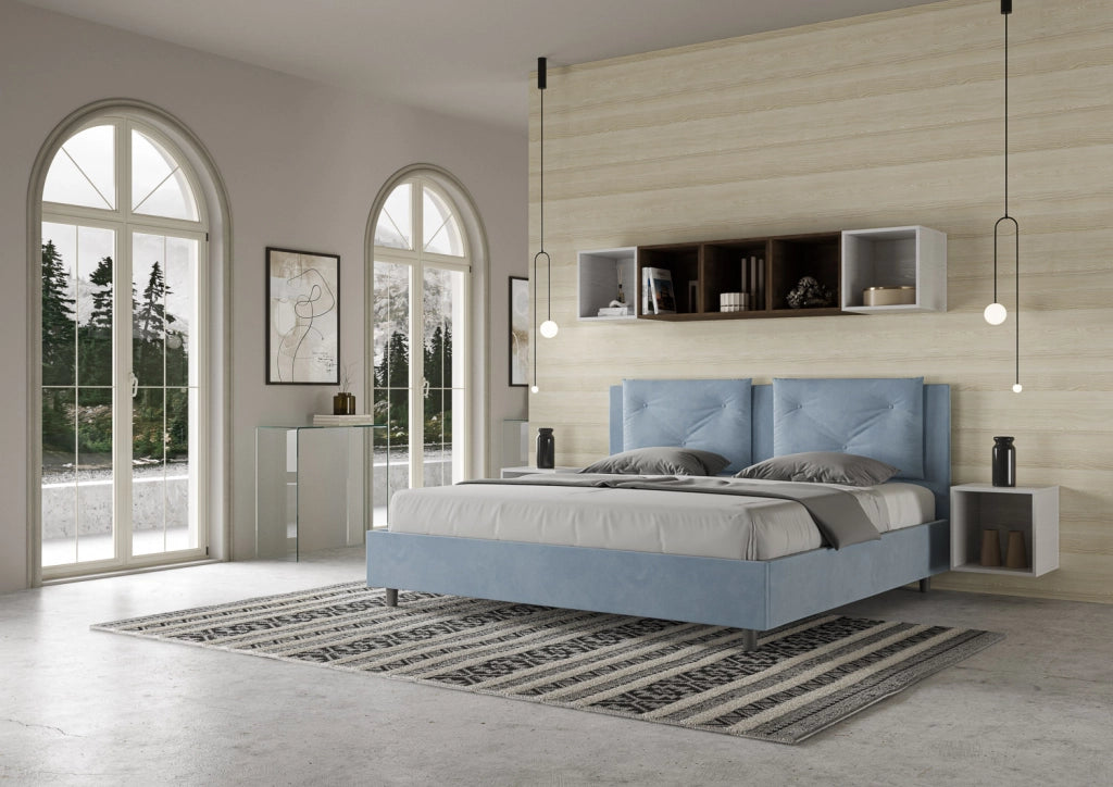 BS COM Letto senza rete imbottito 180x200 microfibra azzurro