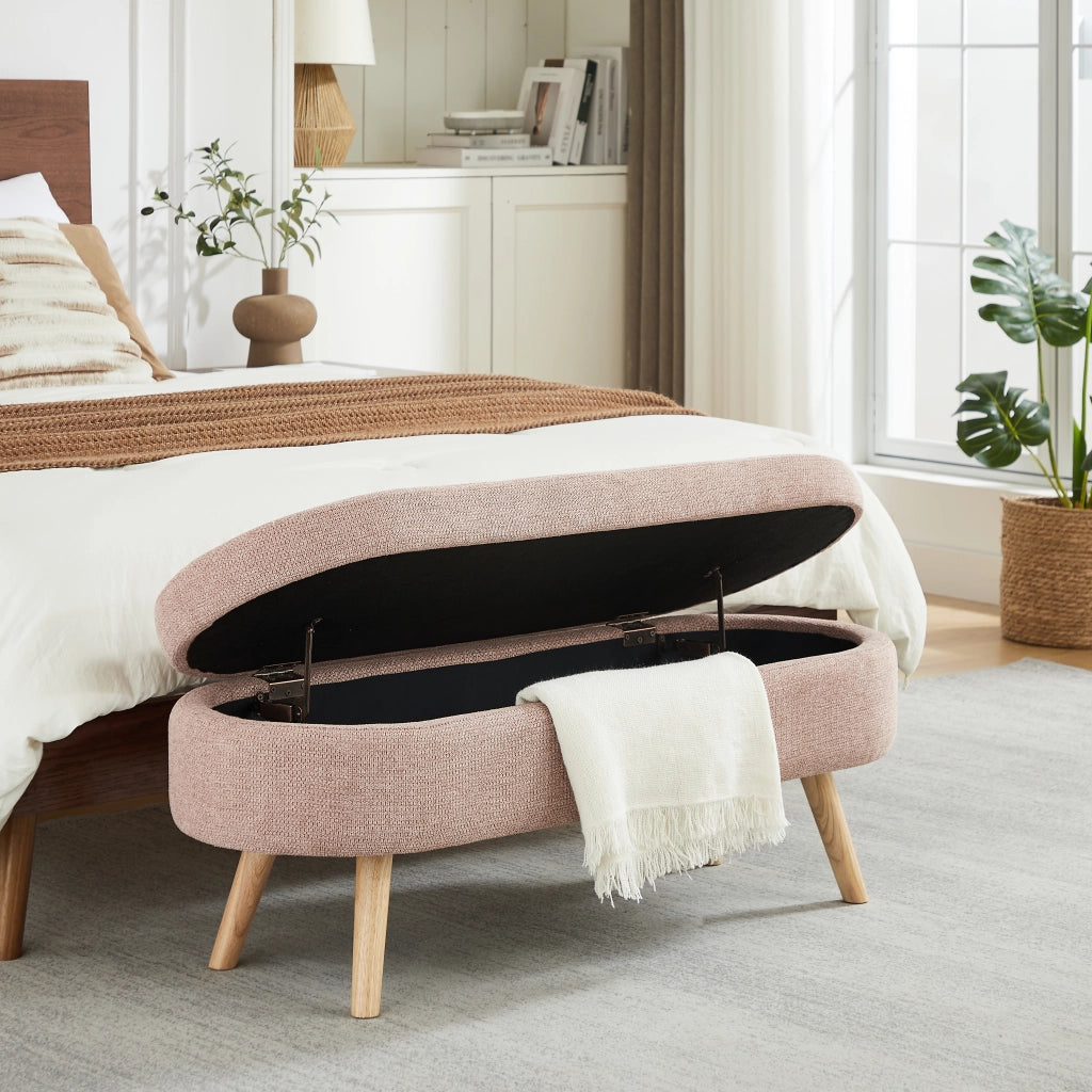 Panca contenitore 110 cm in velluto rosa, seduta imbottita salvaspazio con struttura in MDF e fori di ventilazione