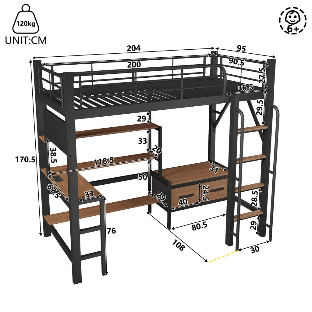 letto a castello metallo mdf nero 90 x 200 cm