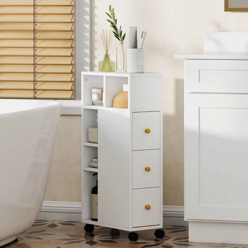 Mobiletto da bagno stretto, con 4 ruote, 3 cassetti, 5 vani a giorno, 20x40x80 cm, bianco.