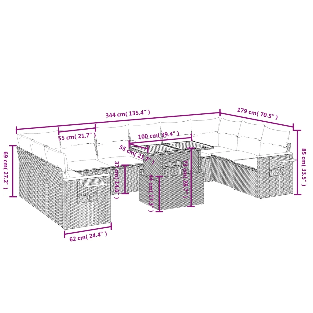 Set Divani da Giardino 11 pz con Cuscini Beige in Polyrattan 3273691