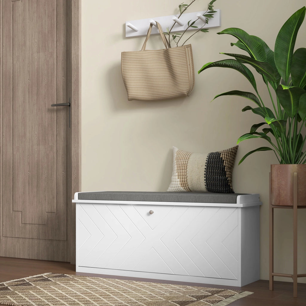 Panca porta scarpe con cassetto, cuscino e ripiano regolabile ¨C Minimal ¨C Bianco 100x26x48 cm