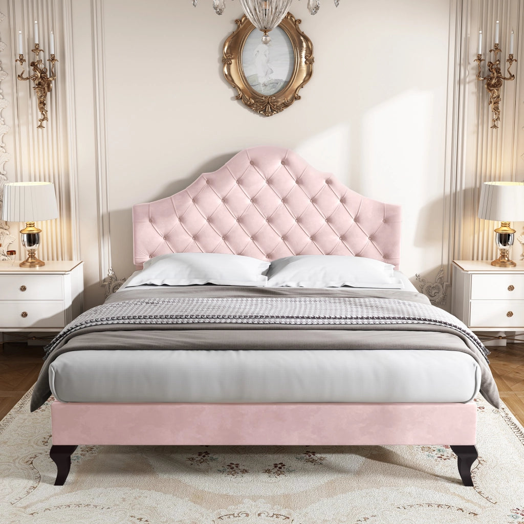LETTO imbottito 140x200 cm in velluto rosa con rete a doghe e testiera