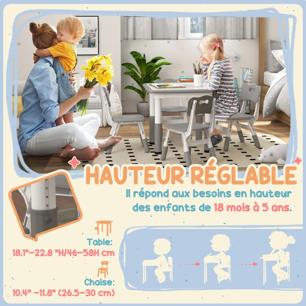 Set tavolo e sedie bambini regolabile ¨C Xylo ¨C 5 pezzi grigio
