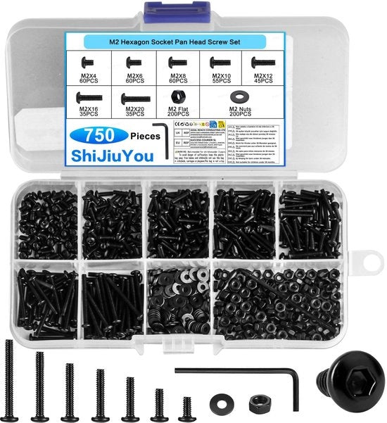 Set di viti M2, 750 pezzi, set di viti cilindriche, set di viti a 6 facce nere piccole, set di viti a innesto con viti, set di viti per macchina, assortimento di viti e viti a innesto